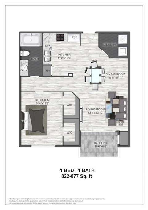 Floor plan for 1 bed, 1 bath, 856 sqft